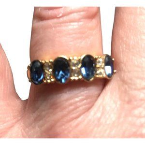 Gold Tone Cocktail Ring with Blue and Clear Rhinestones Size 9.5